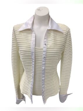 JS Collections Cream Ribbed Button-Front Top with Satin Trim Size S